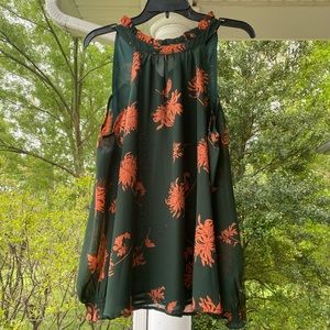 Green and Coral Cold Shoulder Shirt